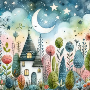 Whimsical Moonlit Garden: Clip Art, 10 High Res Watercolor JPGs, Junk Journaling, Scrapbooking, Card Making, Digital Art,  Fantasy
