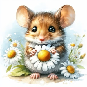 Mouse com Daisy Clip Art 10 JPGs em aquarela de alta resolução para diário de lixo, scrapbooking, criação de cartões, kit de download digital