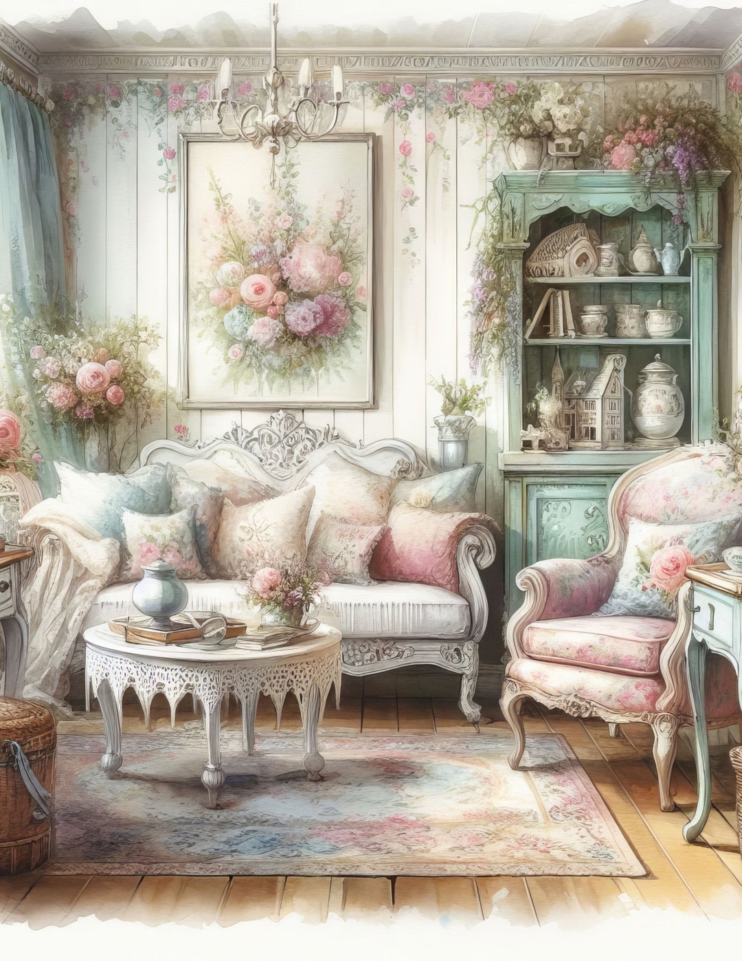 Shabby Chic Living Room: Clip Art, 10 High Res Watercolor Jpgs