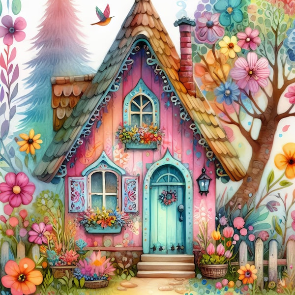 Sweet as Candy Cottage Clip Art Kit 10 High Res Watercolor JPGs for Junk Journaling, Scrapbook, Crafts, Digital Art, Fantasy, Whimsical