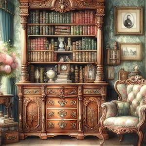 Victorian Bookcase Clip Art Kit 10 High Res Watercolor JPGs for Junk Journaling, Scrapbook, Crafts, Digital Download