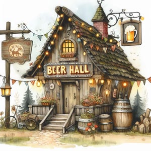 Beer Hall Clip Art 10 hochauflösende JPGs in Aquarellfarben, Junk Journaling, Scrapbooking, Kartenherstellung, digitaler Download, Fantasy, wunderlich