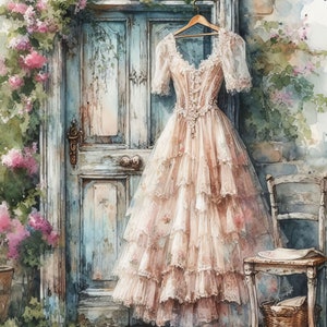 Vintage Kleid an Tür Clip Art Bundle 10 hochauflösende JPGs in Aquarell Farben für Junk Journaling, Scrapbook, Handwerk, digitaler Download
