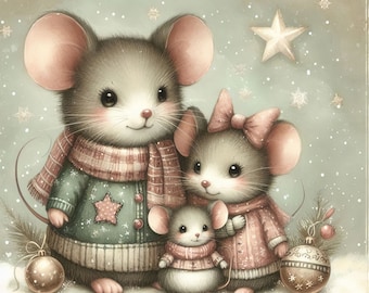 Familie kerstmuizen: Clip Art 10 high-res aquarel JPGs Junk Journaling, scrapbooking, kaarten maken, digitale kunst, fantasie, grillig