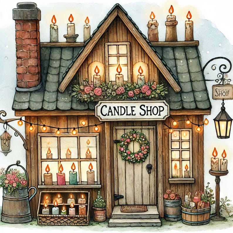 May include: A charming wooden candle shop with a sign that reads "CANDLE SHOP". The shop has a green roof, a door with a wreath, and windows filled with candles. There are string lights strung across the front of the shop.