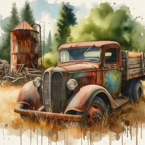 Oude boerderij vrachtwagen illustraties 10 high-res aquarel jpg's voor junk journaling, scrapbooking, kaarten maken, digitale downloadkit