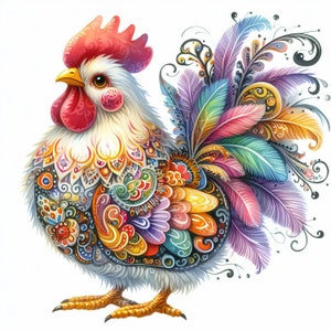 Lot de 10 images clipart poulet fantastiques haute résolution JPG aquarelles pour publipostage, scrapbooking, fabrication de cartes, kit de téléchargement numérique