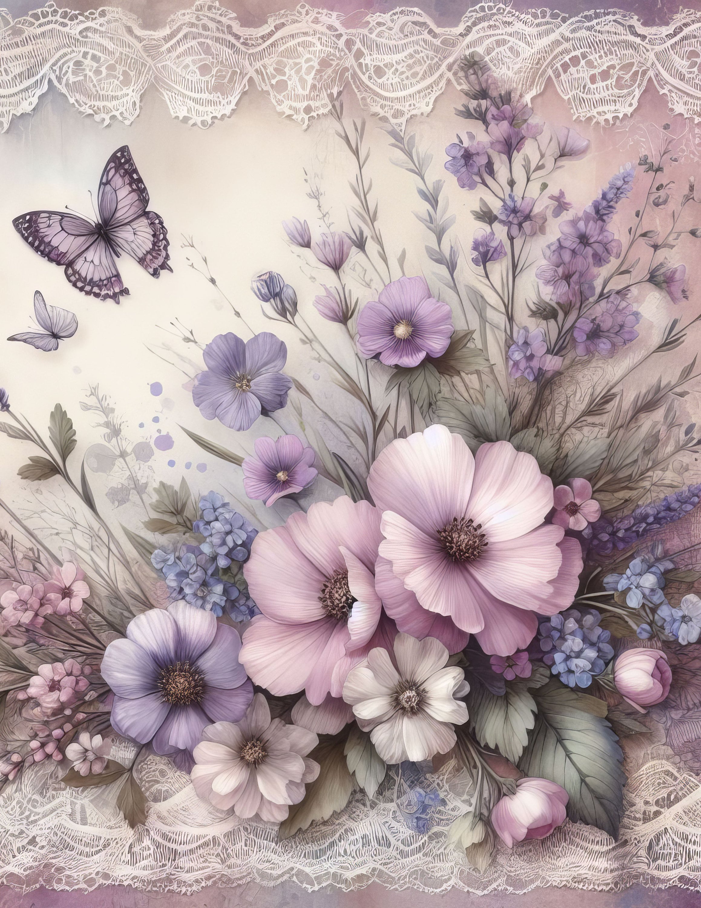 水彩画　原画　レースラベンダー ラベンダーの花とレース：クリップアート、高解像度水彩画JPG10枚