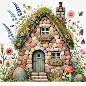 Nyckfullt stenhus: 10 högupplösta akvarell-JPG-bilder Skräppostjournaling, scrapbooking, korttillverkning, affischer, digital konst, fantasi