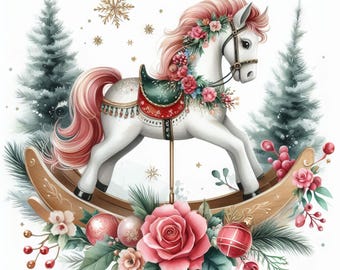 Christmas Rocking Horse: Watercolor Clipart, Junk Journal Ephemera (Digital Download JPGs)