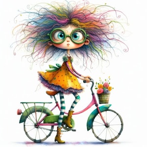 May include: A whimsical illustration of a girl with colorful hair riding a pink bicycle with a basket of flowers. She is wearing a yellow polka dot dress and green glasses.