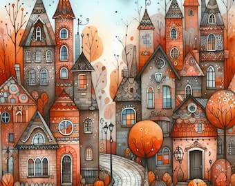 Quirky Fall Town: 10 High Res Watercolor JPGs, Junk Journaling, Scrapbooking, Card Making, Digital Art, Whimsical, Fantasy