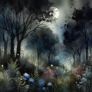 Bosque nocturno 10 JPG de acuarela de alta resolución Diario basura, Scrapbooking, Fabricación de tarjetas, Digital, Fantasía, Caprichoso, Mágico