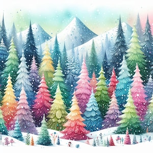 Regenboog besneeuwd bos 10 high-res aquarel JPGs ongewenste journaling, scrapbooking, kaarten maken, digitale download, grillig, fantasie