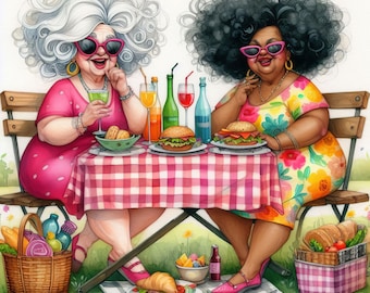 Eigenzinnige bochtige vriendenpicknick: 10 high-res aquarel jpg's, junkjournaling, scrapbooking, kaarten maken, digitale kunst, fantasie, grillig