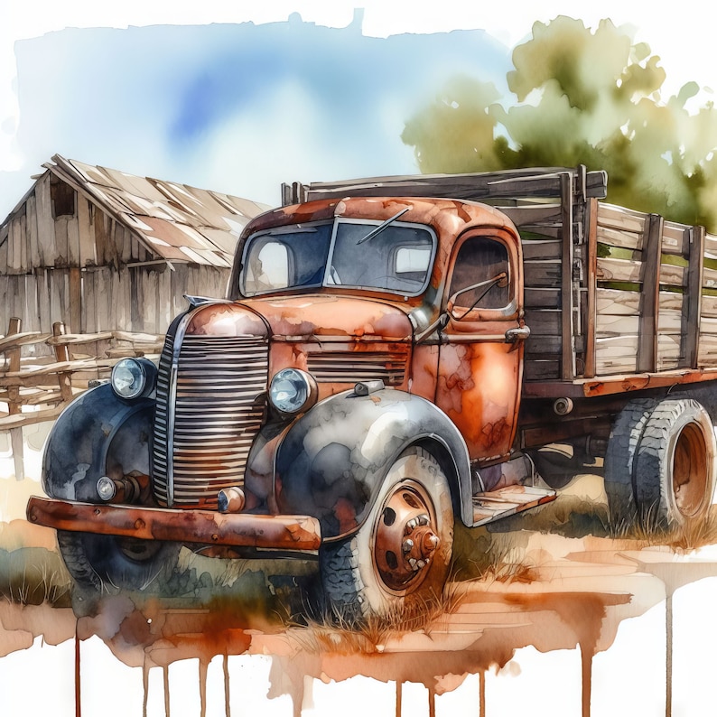 Old farm truck clip art 10 high res watercolor jpgs for junk journaling