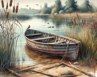 Old Boat on Pond: 10 High Res Watercolor JPGs, Junk Journaling, Scrapbook, Crafts, Digital Art, Digital Art, Vintage