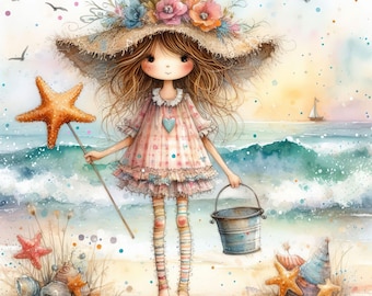 Quirky Starfish: 10 High Res Watercolor JPGs, Junk Journaling, Scrapbooking, Card Making, Digital Art, Fantasy, Whimsical