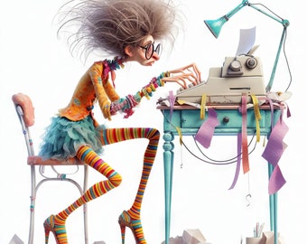 Quirky Secretary: Clip Art, 10 High Res Watercolor JPGs, Junk Journaling, Scrapbooking, Card Making, Digital Art, Fantasy, Whimsical