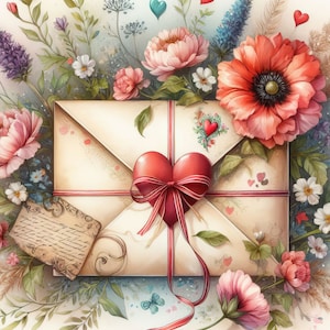 Paquete de imágenes prediseñadas de cartas de amor Shabby Chic: 10 archivos JPG de acuarela de alta resolución para diarios basura, álbumes de recortes, manualidades y descargas digitales para el día de San Valentín