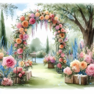 Back Yard Hochzeit Bogen Clip Art 10 hochauflösende JPGs in Aquarell Farben für Junk Journaling, Scrapbooking, Kartenherstellung, Digital Download Kit
