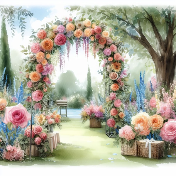 Back Yard Wedding Arch Clip Art 10 High Res Watercolor JPGs for Junk Journaling, Scrapbooking, Card Making, Digital Download Kit