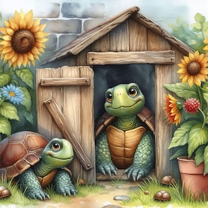 Peeking Schildkröten 10 hochauflösende JPGs in Aquarellfarben Junk Journaling, Scrapbooking, Kartenherstellung, digitaler Download, Fantasy, wunderlich, schrullig