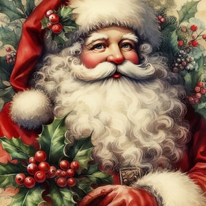 Vintage kerstman met hulst clipartbundel 10 high-res aquarel jpg's voor junkjournaling, plakboek, ambachten, digitale download, kerst
