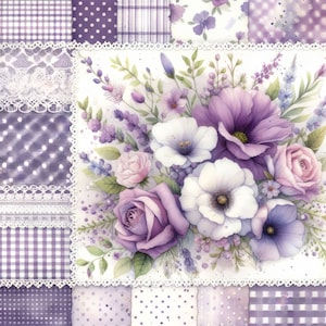 Lot de 10 cliparts en papier calicot violet, 10 fichiers JPG aquarelle haute résolution pour la journalisation indésirable, scrapbooking, travaux manuels, téléchargement numérique, fabrication de cartes