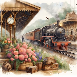 Vintage Railroad Station Clip Art Bundle 10 JPG de acuarela de alta resolución para diario basura, scrapbooking, fabricación de tarjetas, kit de descarga digital