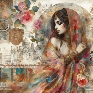 May include: A woman in a colorful, floral patterned sari with gold jewelry and a headpiece. The background features a vintage illustration of a building and floral designs.