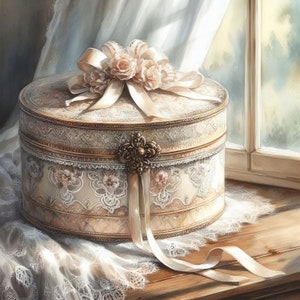 Scatola per cappelli Shabby Chic: Clip Art 10 immagini JPG ad acquerello ad alta risoluzione per Junk Journaling, Scrapbooking, creazione di biglietti, kit per download digitale