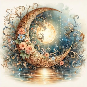 Romantische maan Clip Art 10 high-res aquarel jpg's voor ongewenste journaling, plakboek, ambachten, digitale download, fantasie, grillig