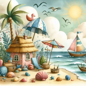 Op de afbeelding: Een fantasierijke strandscene met een roze-witte gestreepte parasol, een klein roze-wit huisje, een zeilboot en schelpen op het zand.