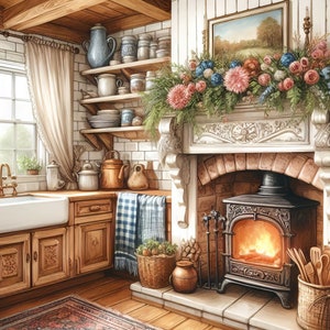 Puede incluir: Una cocina acogedora con una estufa de leña, un fregadero de granja blanco y gabinetes de madera. La estufa está encendida y hay una guirnalda floral sobre la chimenea.