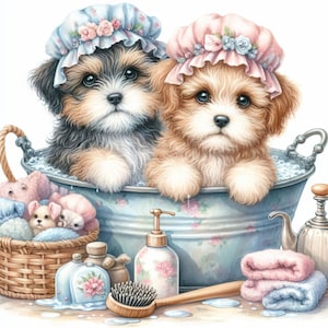 May include: Two adorable puppies wearing bonnets sit in a vintage blue tub with floral accents. A wicker basket holds plush toys, and a brush, soap, and towels are nearby. The puppies have dark eyes and fluffy fur.