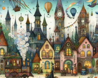 Whimsical Magical City: Clip Art, 10 High Res Watercolor JPGs, Junk Journaling, Scrapbooking, Card Making, Digital Art, Fantasy