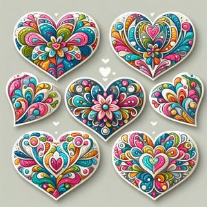 85 cuori di arte popolare tagliati con cura, JPG ad alta risoluzione, acquerelli per diario spazzatura, scrapbooking, creazione di biglietti, kit di download digitale, fantasia, stravaganza