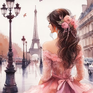 Parigi in rosa Clip Art Kit 10 JPG ad alta risoluzione acquerello per Junk Journaling, Scrapbook, Artigianato, Download digitale