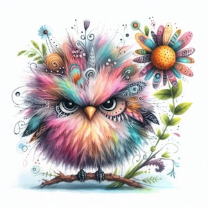 Oiseau grincheux avec fleur Clip Art 10 JPG aquarelles haute résolution : journalisation indésirable, scrapbooking, fabrication de cartes, téléchargement numérique, fantaisie lunatique