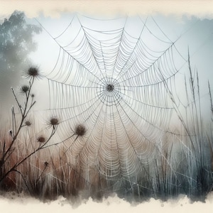 Puede incluir: Una telaraña cubierta de rocío de la mañana cuelga entre hierbas altas y flores silvestres. La telaraña es un patrón delicado e intrincado de hilos, y las gotas de rocío brillan a la luz del sol.