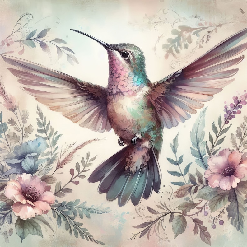 May include: A watercolor painting of a hummingbird with iridescent green and pink feathers, flying over a bouquet of pink and blue flowers with green leaves.