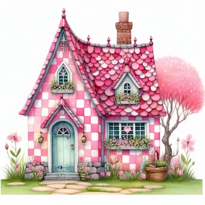 Può includere: Un cottage a scacchi rosa e bianchi con un tetto rosa e un piccolo albero di fronte. Il cottage ha una porta e finestre blu, e un cestino sul portico.