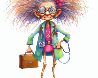 Quirky Doctor: Imágenes prediseñadas, 10 archivos JPG de acuarela de alta resolución, Junk Journaling, Scrapbooking, Creación de tarjetas, Arte digital, Fantasía, Caprichoso