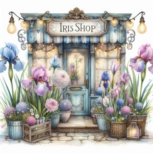 Könnte beinhalten: Ein Aquarellgemälde eines Ladens namens "Iris Shop" mit einer blauen Tür und Fenstern. Der Laden ist von einer Vielzahl bunter Irisblüten umgeben, darunter lila, blaue und weiße. Es gibt auch andere Blumen und Pflanzen, wie Hortensien und Farne.