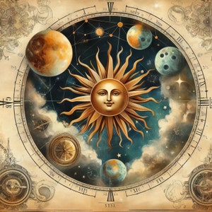 Astrologische papers 10 high-res aquarel jpg's voor junkjournaling, scrapbooking, kaarten maken, digitale downloadkit