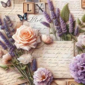 Cartas y lavanda 10 JPG de acuarela de alta resolución para diario basura, scrapbooking, artesanías de papel, descarga digital, imágenes prediseñadas
