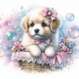 Shabby Chic Puppy with Bubbles Clip Art 10 High Res Watercolor JPGs for Junk Journaling, Scrapbooking, Card Making, Digital Download Kit