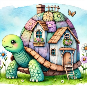 Casa Tortuga Caprichosa: 10 JPG de acuarela de alta resolución para diario basura, scrapbooking, creación de tarjetas, descarga digital, fantasía, peculiar, pósteres