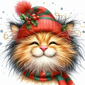 Clip Art de gato de Natal fofo 10 JPGs de aquarela de alta resolução Junk Journaling, Scrapbooking, Criação de cartões, Kit de download digital, Fantasia, Caprichoso